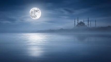 Full Moon Over Misty Water with Distant Mosque Silhouette at Night