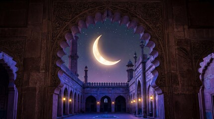 Crescent Moon and Starry Sky Through Ornate Islamic Archway at Night