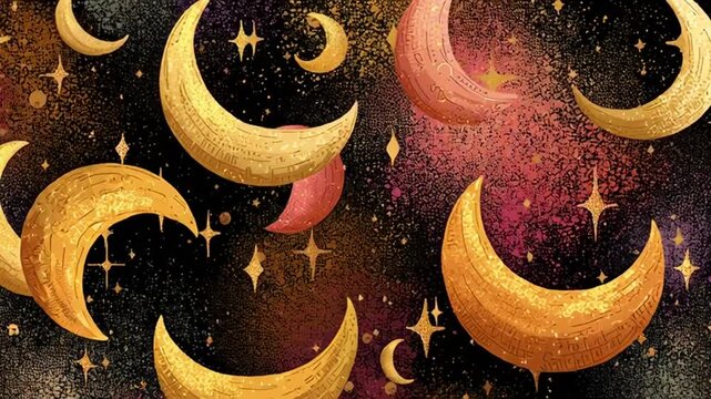 Golden Crescent Moons and Stars in Space.