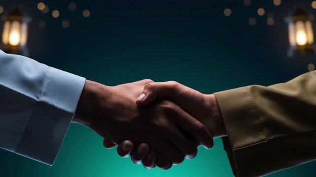 Ramadan Forgiveness Handshake Between Muslim Men with Lantern Light Background, Islamic Greeting Gesture of Reconciliation and Unity, Eid Mubarak Tradition After Prayer in Warm Night Atmosphere