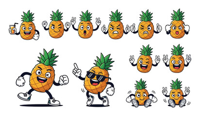 Naklejka premium Pineapple Character with Drink, Doing Peace Sign, and Dancing - Tropical Fruit Mascot with Fun Expressions