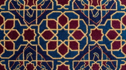 Abstract Geometric Islamic Pattern with Gold, Blue, and Burgundy Textile Texture
