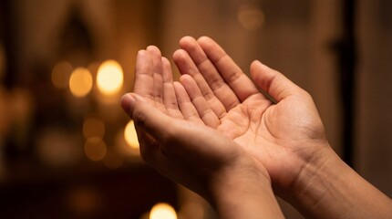 Close-up of Cupped Hands in Prayer with Warm Bokeh Background