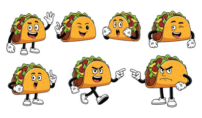Naklejka premium Taco Character with Toppings, Waving and Pointing - Mexican Food Mascot with Fun Expressions