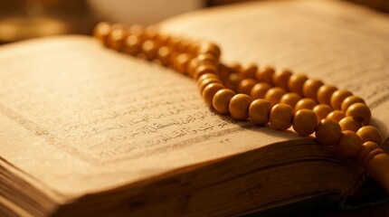 Close-up of Traditional Islamic Prayer Beads on an Open Holy Book