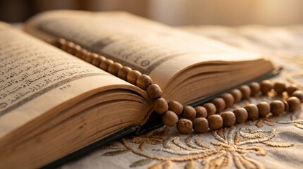 Open Holy Quran with Wooden Prayer Beads on Embroidered Fabric