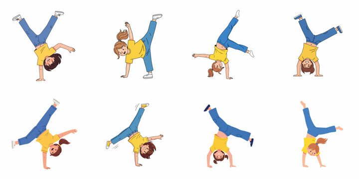 Young girls performing various stages of a cartwheel or handstand, illustrating agility, childhood energy, and gymnastic movement in a vector style.