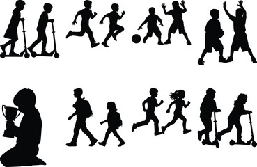 Obraz premium Children silhouettes running, scootering, playing, and celebrating
