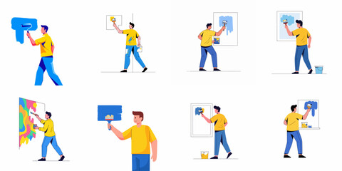 Fototapeta premium Set of vector illustrations featuring men painting walls and canvases using brushes and rollers, symbolizing renovation, creativity, and home improvement.