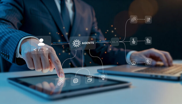 Business professional controlling AI agents workflow on tablet. Orchestrating autonomous tasks, connecting data, code, and content creation tools for digital automation.
