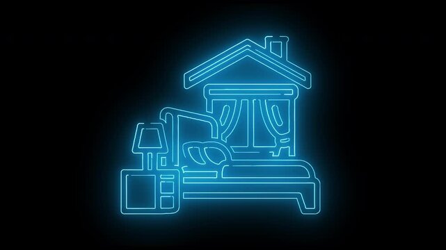 Neon blue line drawing of a house on a flatbed truck against a black background with a glowing effect.