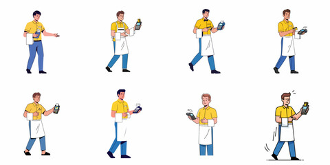 Fototapeta premium Waiter or restaurant employee payment vector set showing various poses with POS terminal and credit card for digital transactions and service.