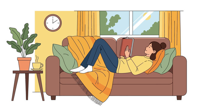 Woman Relaxing on Sofa with Blanket.