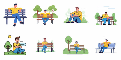 Naklejka premium Set of illustrations featuring a man enjoying leisure time and relaxation in a park, sitting on a bench or grass in various vector styles.