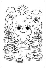 A cute, smiling frog sits on a large lily pad in a pond, surrounded by water lilies, cattails, dragonflies, and a cheerful sun. © Hokyubi
