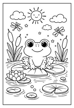 A cute, smiling frog sits on a large lily pad in a pond, surrounded by water lilies, cattails, dragonflies, and a cheerful sun.