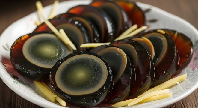 Traditional Chinese century eggs served with ginger appetizer