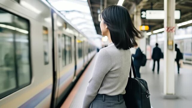 駅のホームで電車を待ちながら振り返るショートヘアの女性