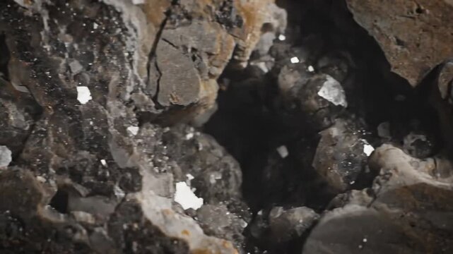 Dark cave interior with sparkling mineral crystals and rugged rock formations illuminated by reflective facets.