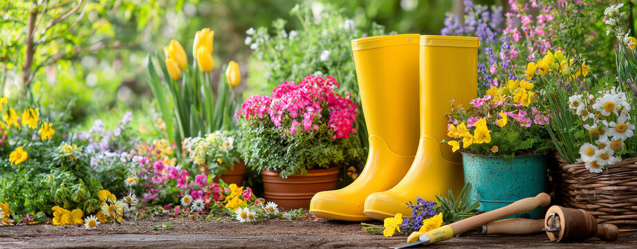 gardening background with colorful flowers, garden tools, and yellow rain boots on the ground on a sunny day