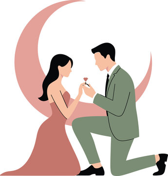 Man Proposing to Woman with Engagement Ring Under Crescent Moon, Romantic Marriage Proposal and Wedding Celebration Vector Illustration in Modern Formal Attire
