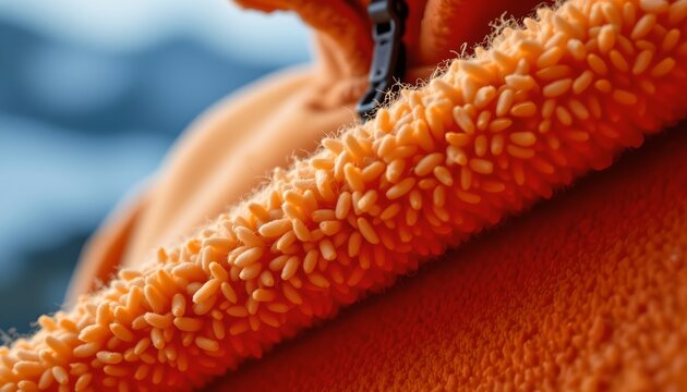A vibrant orange hoodie with what appears to be a fuzzy texture on its surface, resembling seeds, displayed against a contrasting backdrop.