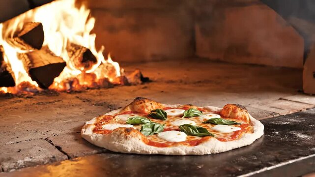 Fresh Neapolitan Pizza Slid Into Wood Fired Brick Oven 4K Video