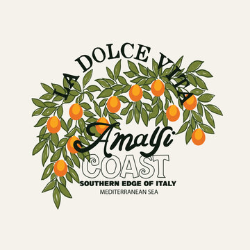 Amalfi lemons la dolce vita print design. vintage lemon artwork. summer fruit print graphics in vector. t-shirt design for Amalfi vibes. Italian lemon with beach vector. retro vintage beach art