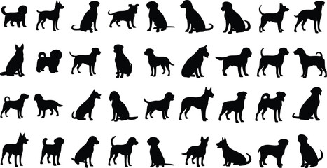 Large collection of black dog silhouettes featuring various breeds and poses isolated on white background, vector illustration set for pet design collection of black dog silhouettes featuring various  © VactorZone