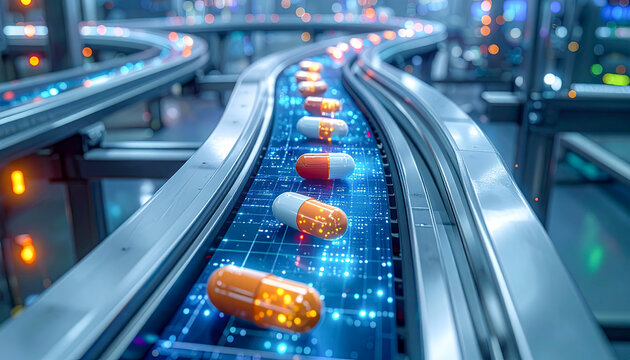 Glowing digital pill on conveyor belt, future medicines and advanced pharma technology concept.