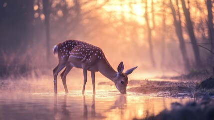 Fawn drinking at sunrise
