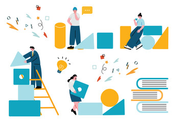 ブロックを組み立てる人々のイラストセット