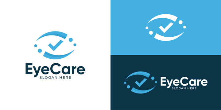 Creative simple eye care logo template. Abstract eye with tick checkmark, optic care logo design vector illustration.