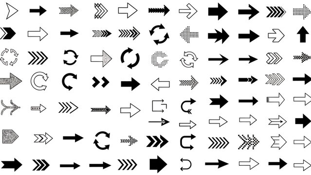 Collection of various directional arrows in different styles and orientations for design elements.