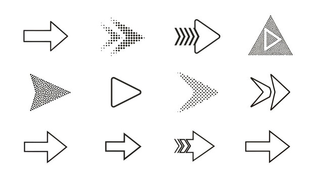 Collection of grayscale arrow icons in various directions and geometric styles for graphic design.
