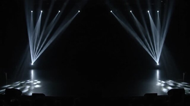 Dark Concert Stage with Bright White Spotlight Beams Illuminating Empty Performance Space for a Dramatic Night Show.