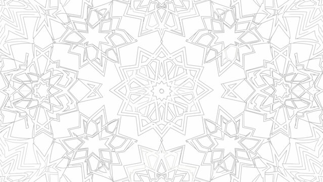 Intricate gray line art design featuring a symmetrical floral pattern on a white background with geometric shapes and a Mekkah-inspired motif.