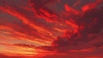 Fiery sunset with vibrant, swirling red and orange clouds filling the frame