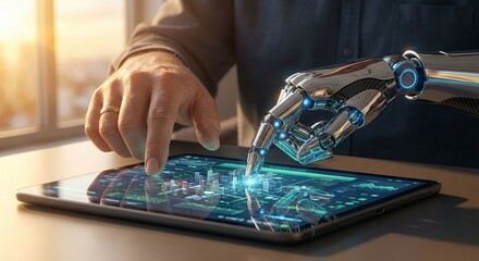 Human And Robot Hand Collaborating On Digital Tablet