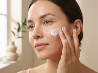 Woman Applying Face Cream to Her Cheek