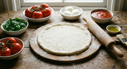 Rustic Table with Fresh Pizza Ingredients