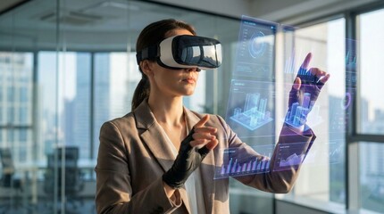 Businesswoman Interacting with Virtual Reality Data