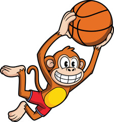 Happy Cartoon Monkey Mascot Jumping for Basketball Slam Dunk, Vintage Rubber Hose Style Vector Character Illustration © Kamrun