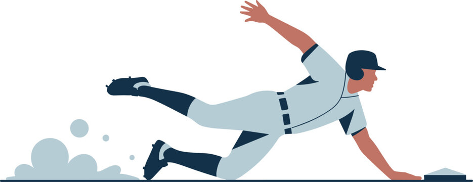 Baseball Player Character Sliding Head First into Base, Flat Minimalist Geometric Vector Illustration of Professional Athlete