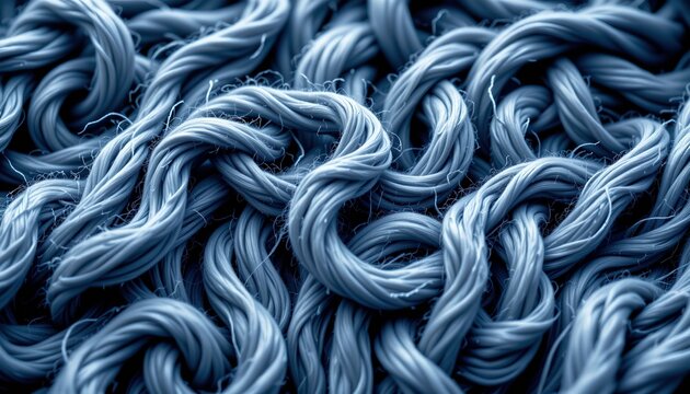 A close up view of a blue fabric surface featuring a texture that resembles a rope or a thick yarn knitted into a pattern