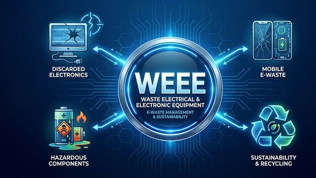 WEEE Waste Electrical and Electronic Equipment concept with smartphone, battery and screen icon for electronic recycling ai