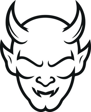 Menacing horned devil head line art