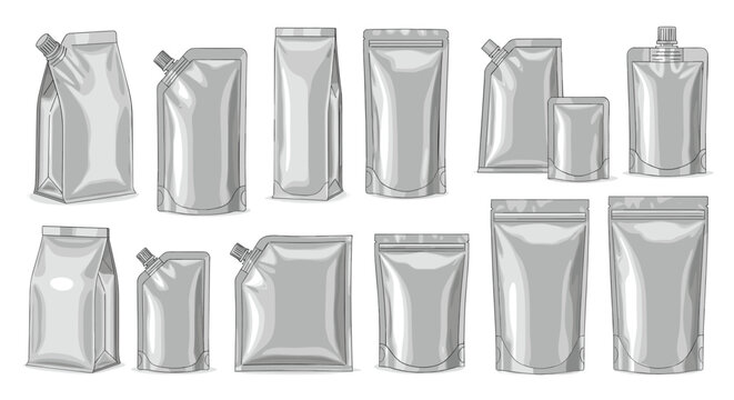 Collection of various silver metallic foil packaging pouch mockups with spouts and zip locks for liquid products and food.