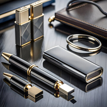Luxury black titanium U S B flash drive with gold accents on a dark wooden surface USB flash drive
