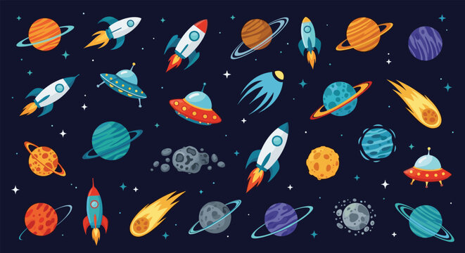 Extensive collection of space icons including rockets planets ufos comets and asteroids over dark starry background for kids.
